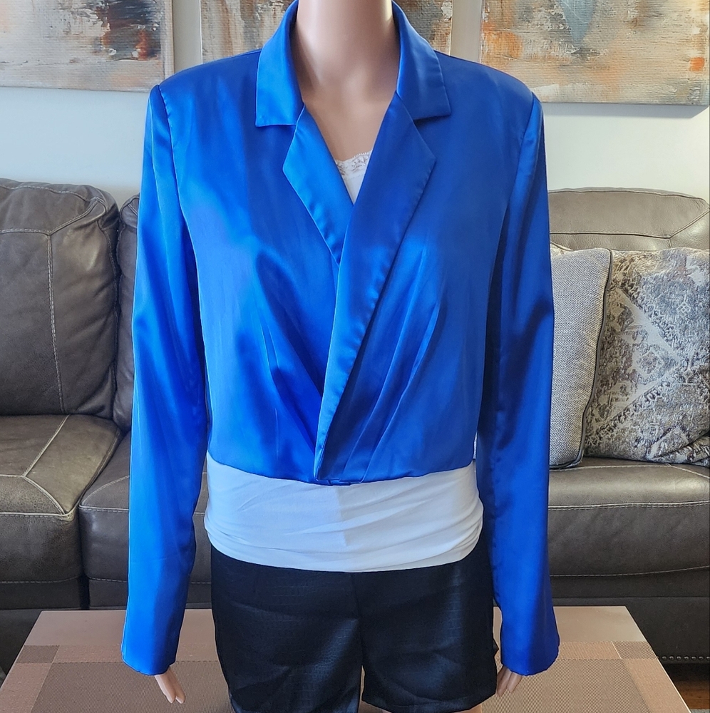 DO+BE Royal Blue Satin Midriff Cropped Blazer Top